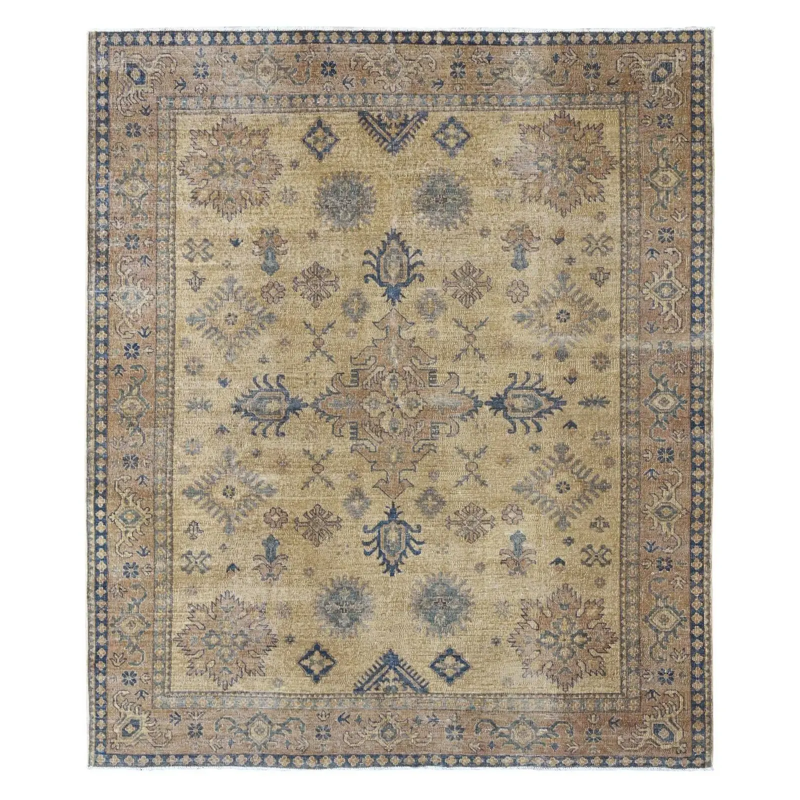 Large gold-ground rug with slate blue and camel floral medallions and a wide flowering-vine border